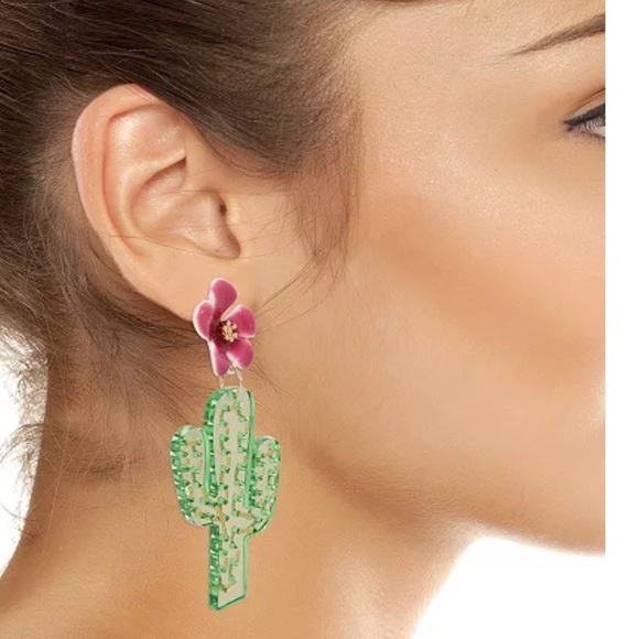 Betsey Johnson Acetate Green Cactus & Featuring Tropical Flower Drop Earrings - Picture 2 of 4